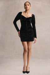 Kiss Of Midnight | Black Velvet Puff-Sleeve Mini Dress With Bow