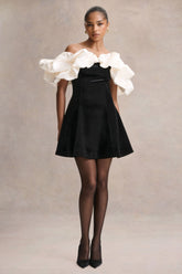 Brynne | Black & Cream Velvet Mini Dress With Satin Puff Sleeves