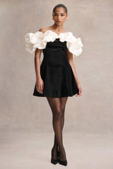 Brynne | Black & Cream Velvet Mini Dress With Satin Puff Sleeves