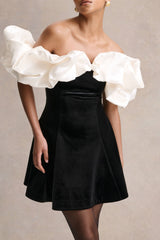 Brynne | Black & Cream Velvet Mini Dress With Satin Puff Sleeves