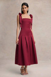 Alberta | Burgundy Satin Square-Neck Midi Dress With Bow Straps