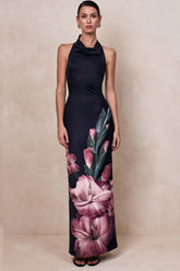 Palatial | Pink Border Print Halter-Neck Cowl Maxi Dress