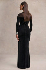 Perrin | Black Velvet Crew-Neck Maxi Dress With Embellished Cuffs