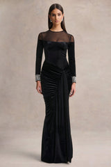 Perrin | Black Velvet Crew-Neck Maxi Dress With Embellished Cuffs
