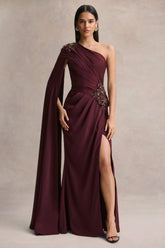 Solace | Dark Plum Asymmetric-Neck Maxi Dress With Front-High Split