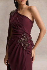 Solace | Dark Plum Asymmetric-Neck Maxi Dress With Front-High Split