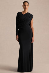 Rubelle | Black Asymmetric-Neck Maxi Dress With Draped-Detailing