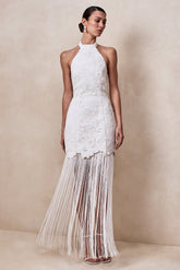 Skylar | White Lace Halter-Neck Maxi Dress With Open-Back And Bow Detail