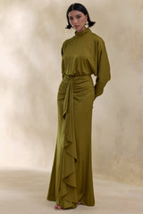 Perla | Olive High-Neck Maxi Dress With Gathered-Detailing