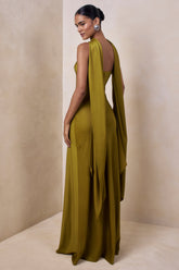 Charly | Olive Satin Bandeau Maxi Dress With Scarf-Detail