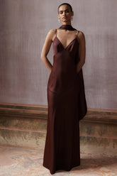 Starling | Brown Satin Plunge-Neck Maxi Dress With Scarf-Detail