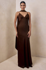Starling | Brown Satin Plunge-Neck Maxi Dress With Scarf-Detail