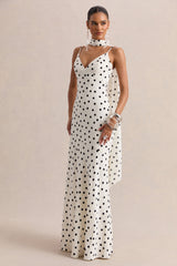 Starling | White & Black Polka Dot Satin Plunge-Neck Maxi Dress With Scarf-Detail