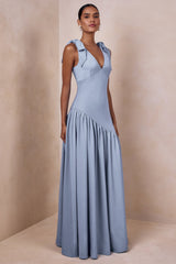 Cala | Powder Blue Satin Plunge-Neck Maxi Dress With Bow-Sleeves