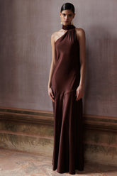 Cara | Brown Satin High-Neck Maxi Dress