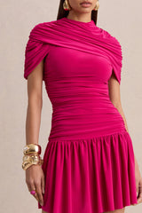 Fenella | Hot Pink Crew-Neck Mini Dress With Cape-Sleeves And Ruched Detailing