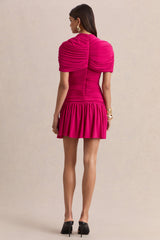 Fenella | Hot Pink Crew-Neck Mini Dress With Cape-Sleeves And Ruched Detailing