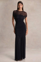 Kalene | Black Wide-Neck Maxi Dress With Sheer-Detailing