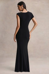 Blaire | Black Asymmetric-Neck Maxi Dress With Gold-Detailing