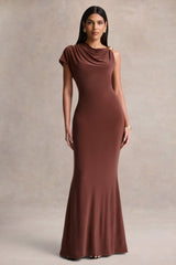 Blaire | Brown Asymmetric-Neck Maxi Dress With Gold-Detailing