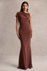 Blaire | Brown Asymmetric-Neck Maxi Dress With Gold-Detailing