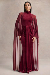 Adoring | Burgundy Velvet High-Neck Maxi Dress With Cape