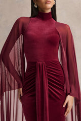 Adoring | Burgundy Velvet High-Neck Maxi Dress With Cape
