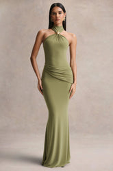 Polina | Olive High-Neck Maxi Dress With Drape And Gold-Detail