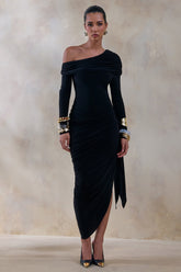 Franca | Black Asymmetric-Neck Midi Dress With Draped And Gathered Detailing