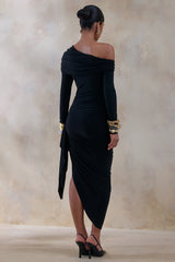 Franca | Black Asymmetric-Neck Midi Dress With Draped And Gathered Detailing