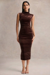 Novine | Brown Velvet High-Neck Midi Dress
