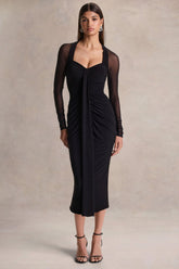 Rosetta | Black Sweetheart-Neck Midi Dress With Sheer-Sleeves