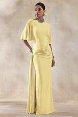Emerelle | Lemon Wide-Neck Maxi Dress With Sash And Draped-Detailing