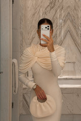 Evessa | Cream High-Neck Maxi Dress With Gathered-Detailing