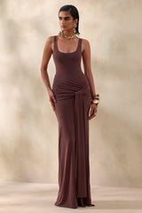 Lienna | Brown Scoop-Neck Maxi Dress With Gathered-Detail And Sash