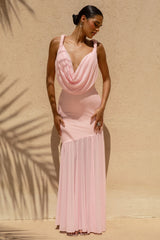 Meggie | Pink Plunge-Neck Twisted Maxi Dress With Chiffon Skirt
