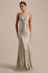 Tulia | Champagne Sequin High-Neck Maxi Dress