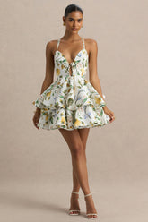 Flavia | White Botanical Print Plunge-Neck Ruffled Skater Micro-Mini Dress