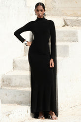 La Nuit | Black High-Neck Long-Sleeve Maxi Dress With Cape