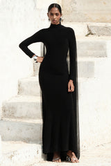 La Nuit | Black High-Neck Long-Sleeve Maxi Dress With Cape
