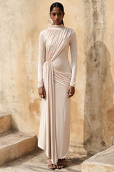 Romi | Champagne High-Neck Maxi Dress With Ruched Detailing