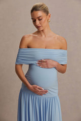 Juliette | Powder Blue Bardot-Neck Maternity Maxi Dress With Drop-Waist