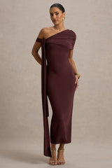 Praia | Chocolate Brown Asymmetric-Neck Midi Dress With Sash and Draped Detailing