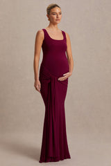 Baylin | Burgundy Square-Neck Maternity Maxi Dress With Ruched Detailing And Sash