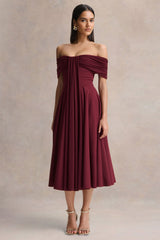 Dearest | Burgundy Bardot-Neck Midi Dress