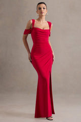 Amoura | Red Square-Neck Draped Wrap Maxi Dress