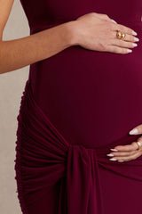 Baylin | Burgundy Square-Neck Maternity Maxi Dress With Ruched Detailing And Sash