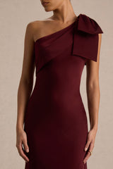 Josephine | Burgundy Satin Asymmetric-Neck Maxi Dress With Bow Detail