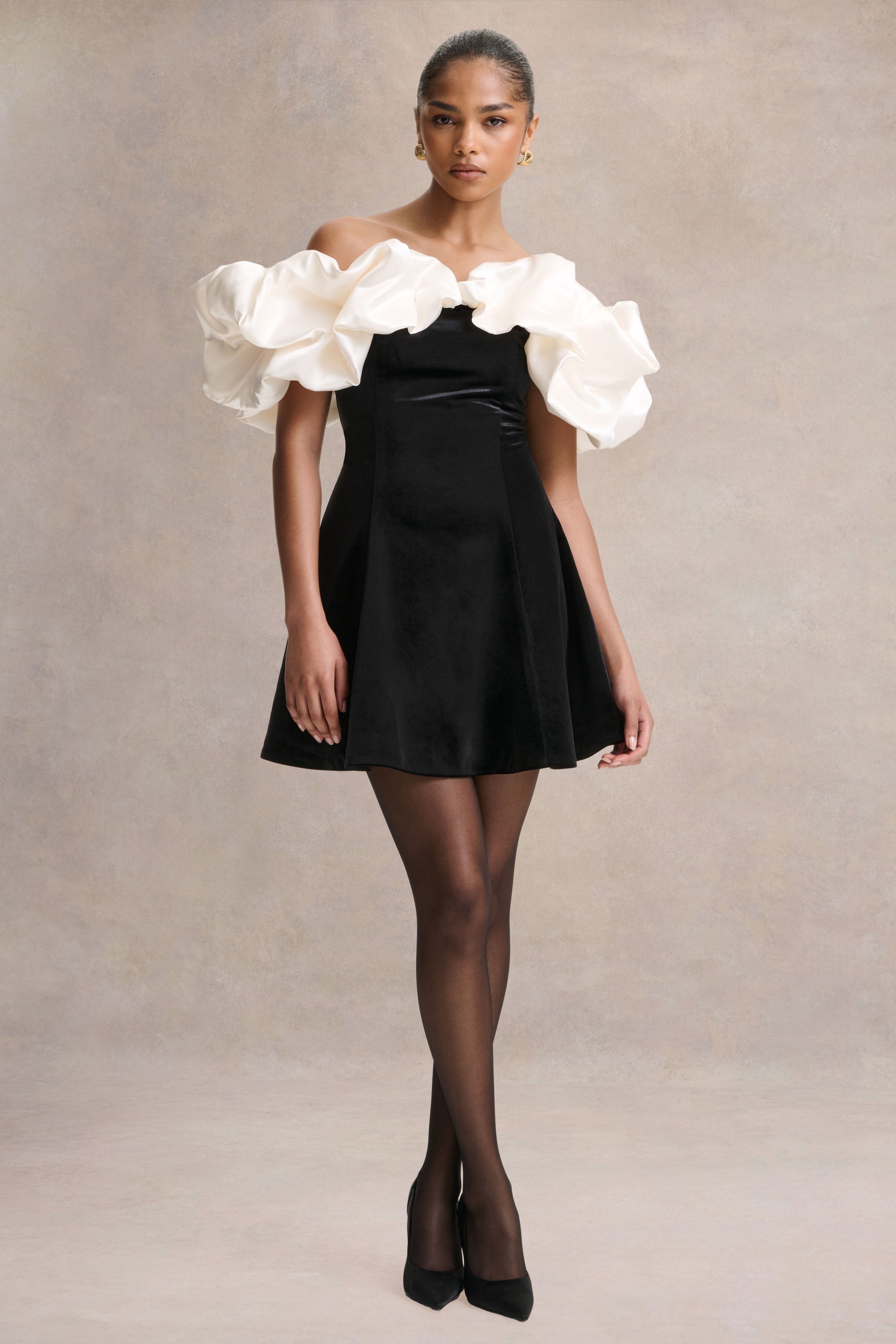 Brynne | Black & Cream Velvet Mini Dress With Satin Puff Sleeves
