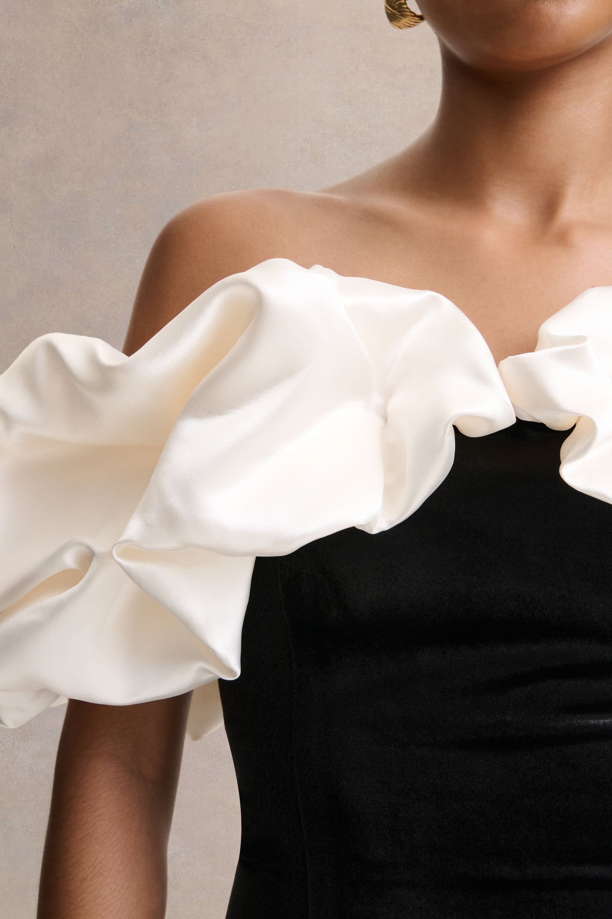 Brynne | Black & Cream Velvet Mini Dress With Satin Puff Sleeves